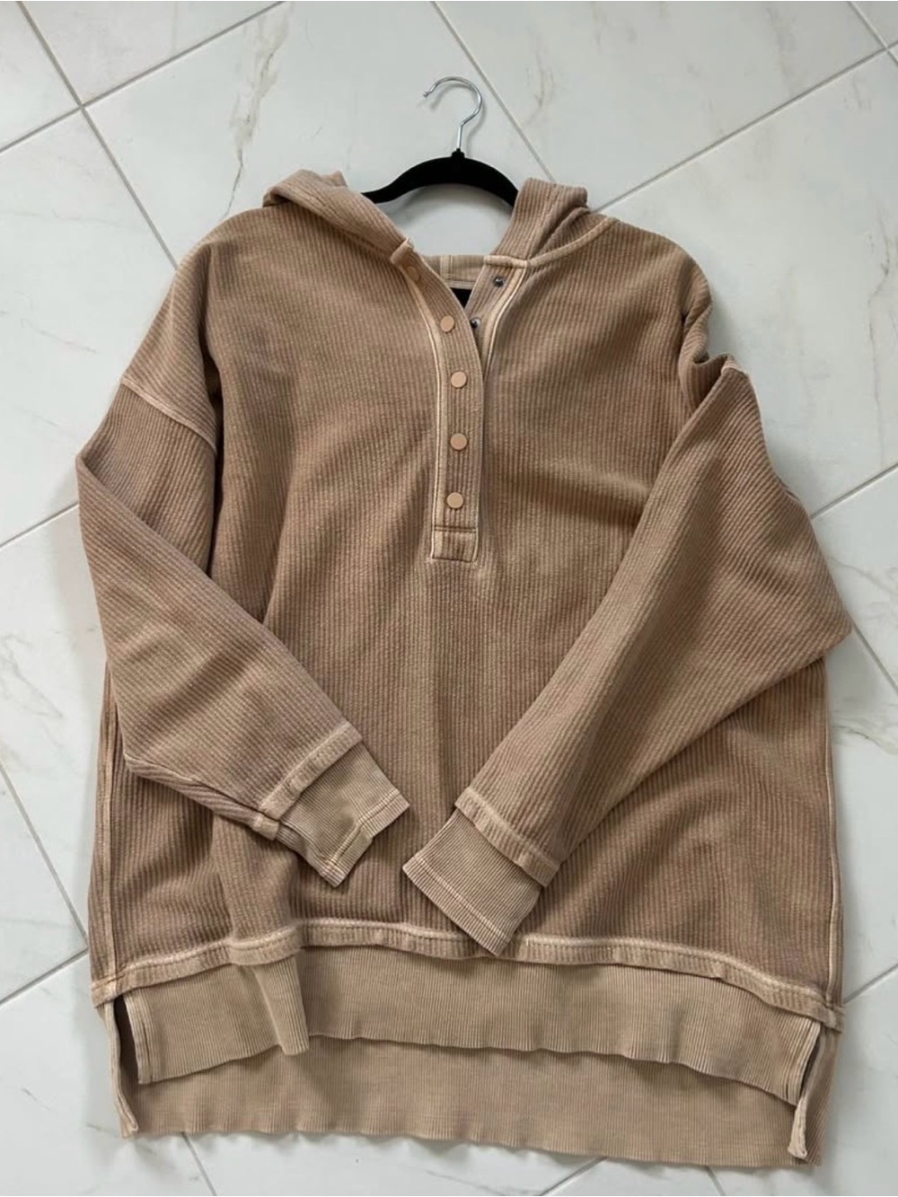 aerie Waffle Knit Hooded Henley Pullover - Tan